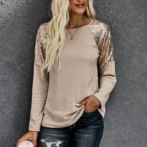 Tan/brown long sleeve sequin shoulder shirt, large, NWOT​